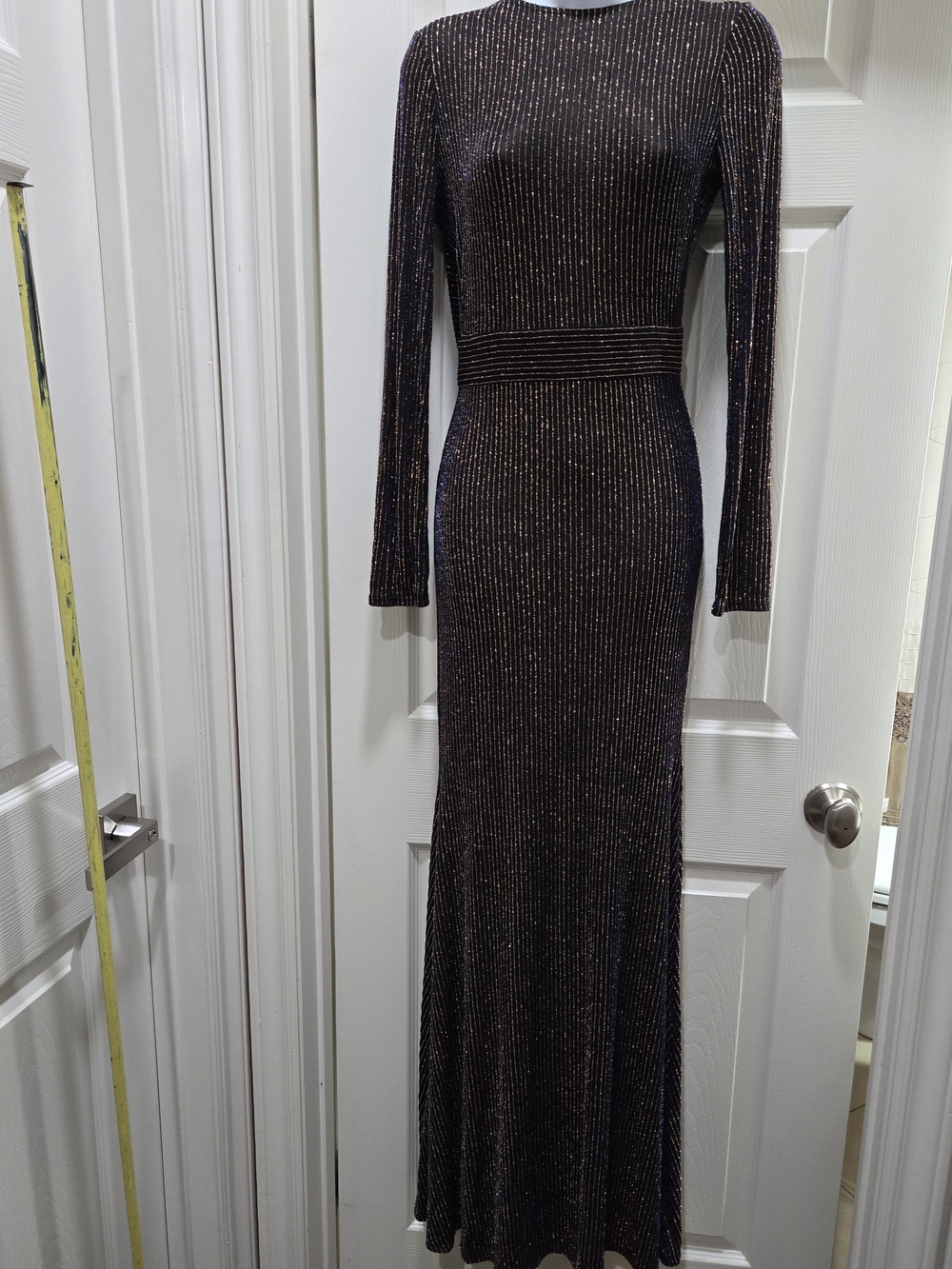 MONACO Black Metallic Ribbed Long Sleeve Backless Gown